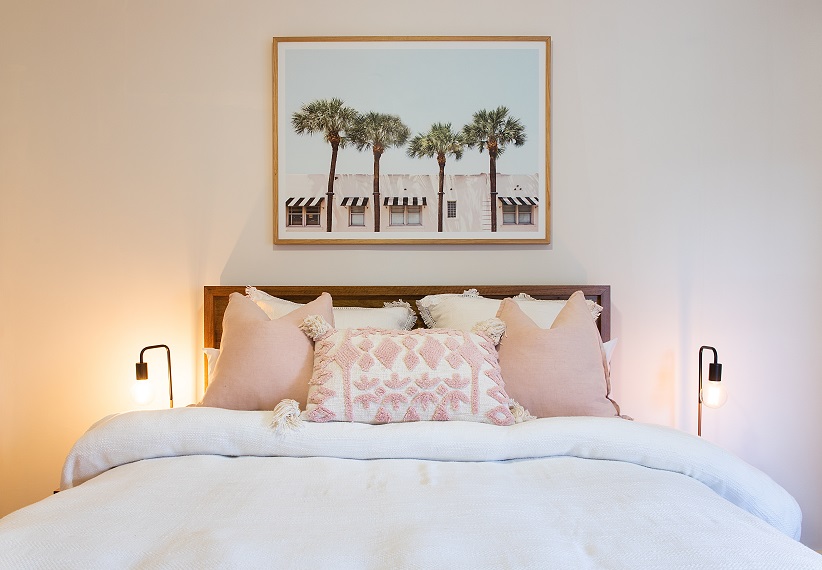 Rose and pink hues shown inside the bedroom