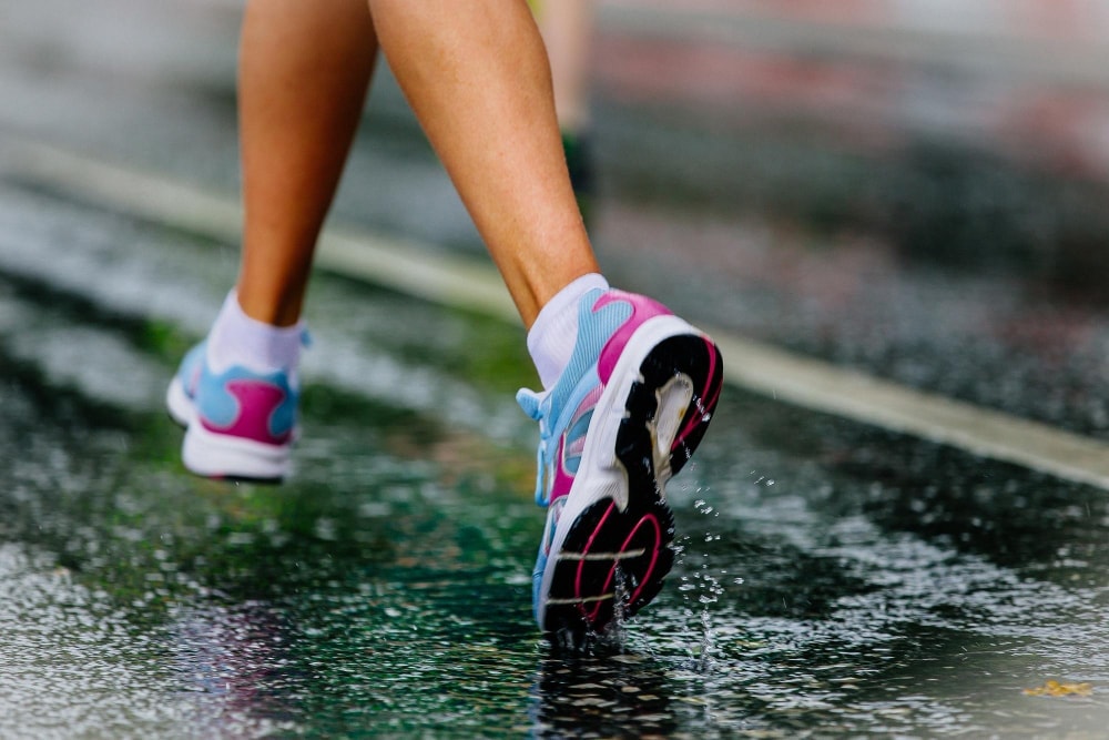 Soggy run in the pelting rain, avoid slippery surfaces