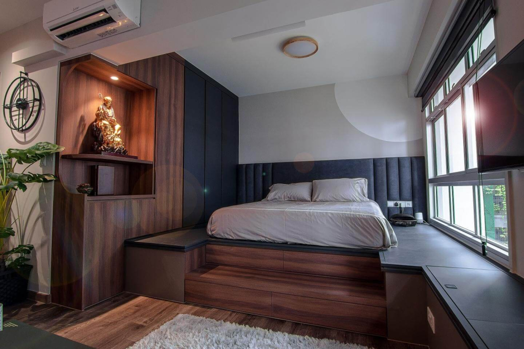 A bedroom design with mandir or altar, featuring an icon return to homepage on the wall clock, showcases a warm colour theme brown with wood elements, cozy lighting, and a serene modern atmosphere.