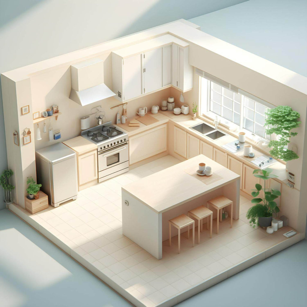 Kitchen cabinets can have doors or have open shelving 